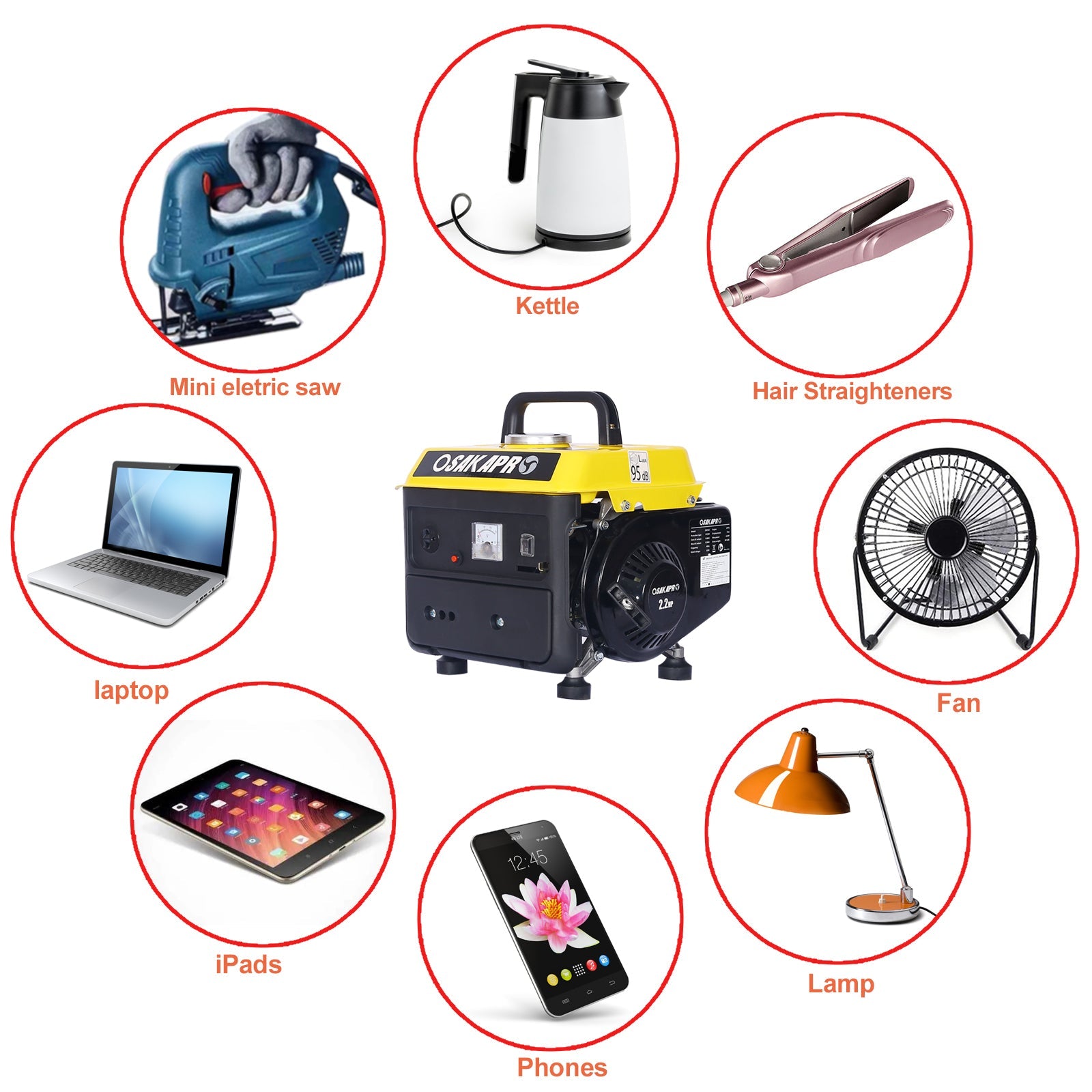 Portable Outdoor Generator Low Noise Gas Powered for Home Use Yellow Steel 14.60x12.20x13.80 Inches